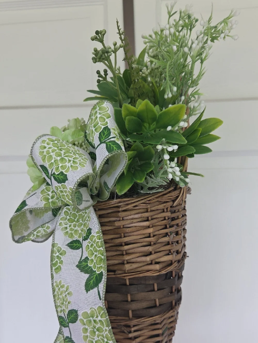 Green Hydrangea Floral Wreath Door Basket Decorative Bow Year Round Door Wreath